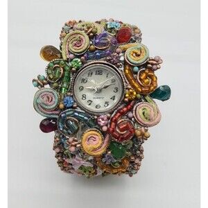 Hinged Cuff Beaded Rhinestone Bracelet Ladies Watch - As-Is/Needs Battery